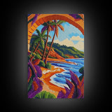 Tropical Palm, Beach, Archway, Canvas Print, Vibrant tropical beach with palm trees through archway, boho bedroom island-inspired wall decor
