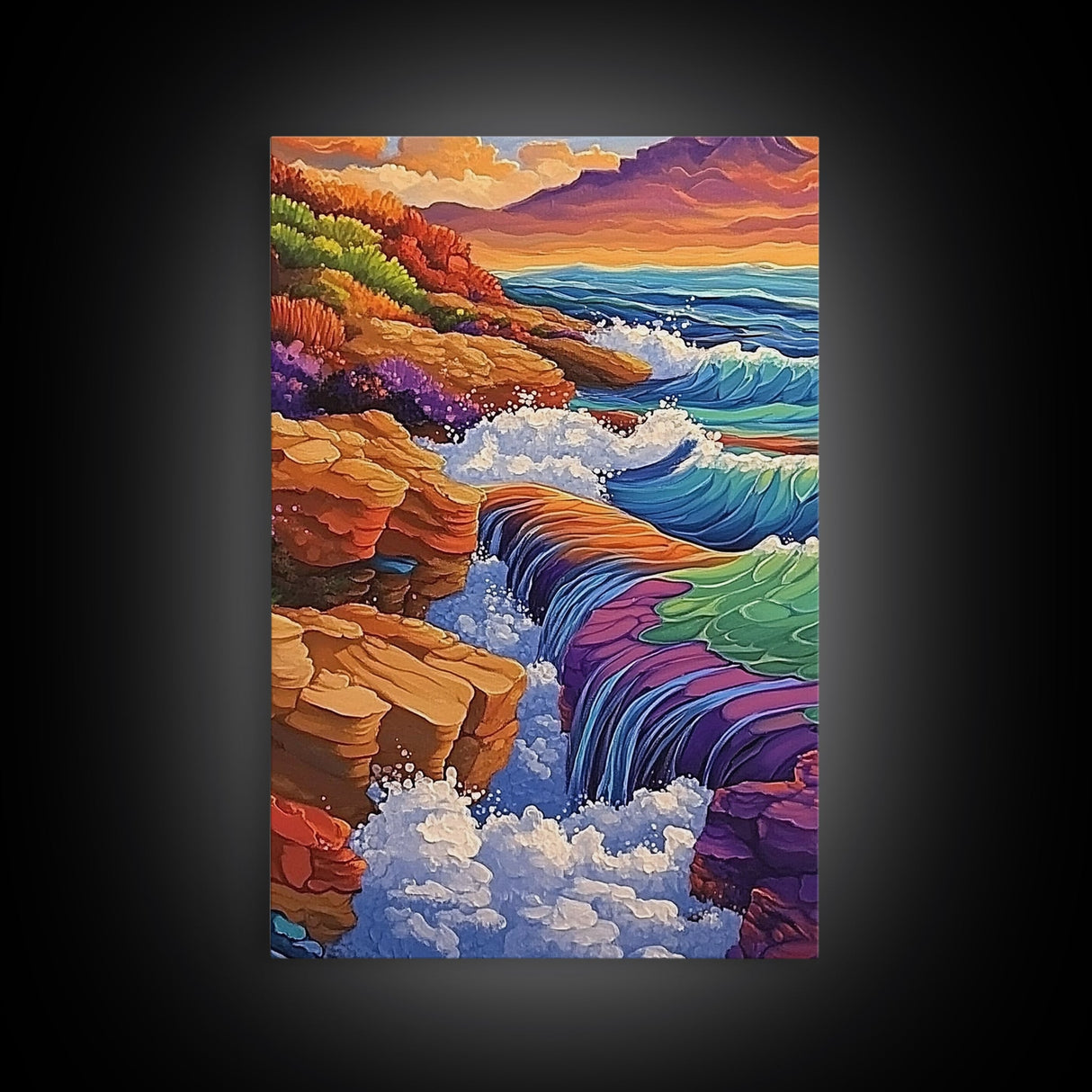 Waterfall Ocean, Rocks, Waves, Canvas Print, Vibrant ocean waterfall over rocky cliffs with colorful waves, ideal coastal living room