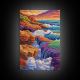 Waterfall Ocean, Rocks, Waves, Canvas Print, Vibrant ocean waterfall over rocky cliffs with colorful waves, ideal coastal living room