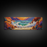 Ocean Wave, Rocky Coast, Vibrant Sunset, Nature Seascape, Framed Canvas Print, Coastal Wall Art, Beach Bathroom Decor, Colorful Seascape Art