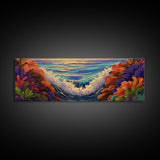 Sunset Waves, Floral Reef, Coastal Water, Colorful Nature, Framed Canvas Print, Bathroom Wall Art, Beach Vibes, Bright Seascape Art