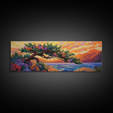 Coastal Tree, Sunset Glow, Flowering Branches, Ocean Horizon, Canvas Print, Bedroom Wall Art, Tranquil Nature Scene, Vibrant Landscape