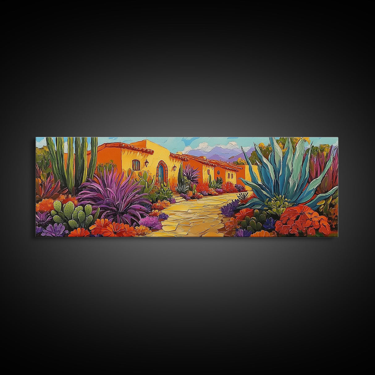 Desert Garden, Adobe Home, Cactus Pathway, Colorful Southwest, Framed Canvas Print, Kitchen Wall Art, Boho Western Decor, Vibrant Desert Scene