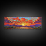 Sunset Cloudscape, Vibrant Sky Painting, Colorful Wall Decor, Nature Scene, Autumn Palette Living Room Framed Canvas Print, Office Art