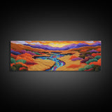 Desert River Sunset, Bold Nature Painting, Vibrant Landscape, Fall Wall Decor, Earthy Living Room Framed Canvas Print, Beach House Wall Art