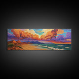 Peaceful Coastal Beach, Colorful Sunset Clouds, Tranquil Ocean Scene, Relaxing Bedroom Wall Art Framed Canvas Print, Bedroom Wall Decor