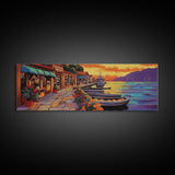 Harbor Village Sunset, Vibrant Coastal Town Painting, Mediterranean Art, Kitchen or Hallway Decor Framed Canvas Print, Beach House Wall Art