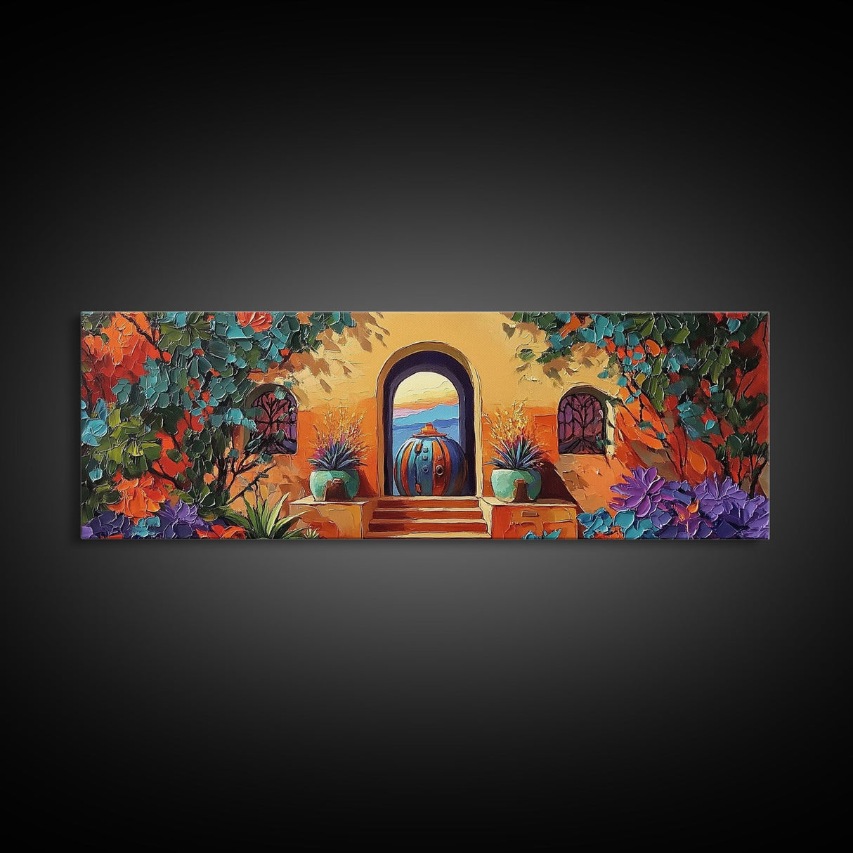 Spanish Courtyard Art, Terracotta Walls, Framed Canvas Print, Vibrant Southwest Decor, Patio Wall Art, Mediterranean Boho Style