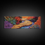 Garden Pathway, Floral Stream Art, Bold Colors, Succulent Garden Style, Framed Canvas Print, Kitchen or Hallway Wall Art