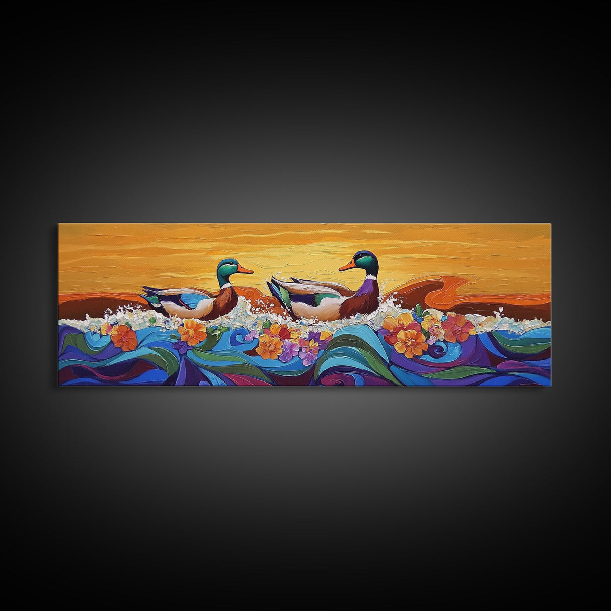 Ducks On Waves, Colorful Animal Art, Whimsical Sunset, Floral Ocean Scene, Canvas Print, Fun Kitchen Art, Kids Room Wall Art