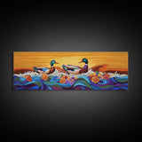 Ducks On Waves, Colorful Animal Art, Whimsical Sunset, Floral Ocean Scene, Canvas Print, Fun Kitchen Art, Kids Room Wall Art