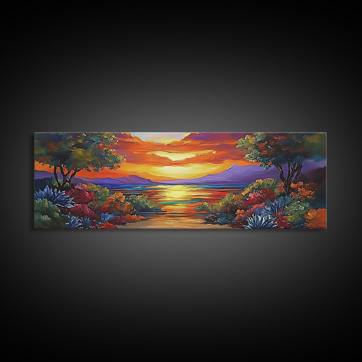 Tropical Sunset, Coastal Trees, Vibrant Horizon, Colorful Evening, Canvas Print, tropical paradise wall art, sunset lover gift