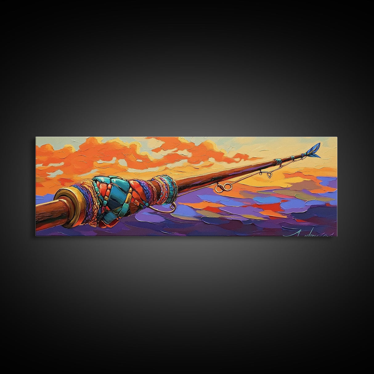 Fishing Pole, Ocean Cast, Sunset Waters, Canvas Print, fisherman gift, nautical wall art, rustic cabin decor, outdoor artwork
