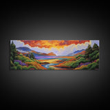 Sunset Lake Scene, Mountain View Art, Tranquil Waterscape Landscape, Framed Canvas Print, Nature Office Decor, Living Room Art