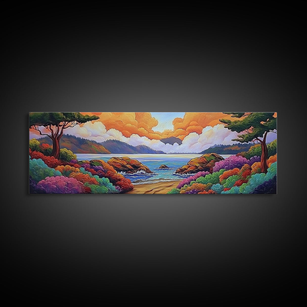 Vibrant Coastal View, Ocean Sunset Landscape, Floral Beach Scene, Framed Canvas Print, Colorful Wall Art, Tropical Living Room