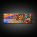 Seaside Village Sunset, Colorful Coastal Homes, Vibrant Ocean View, Framed Canvas Print, Beach House Decor, Bohemian Art