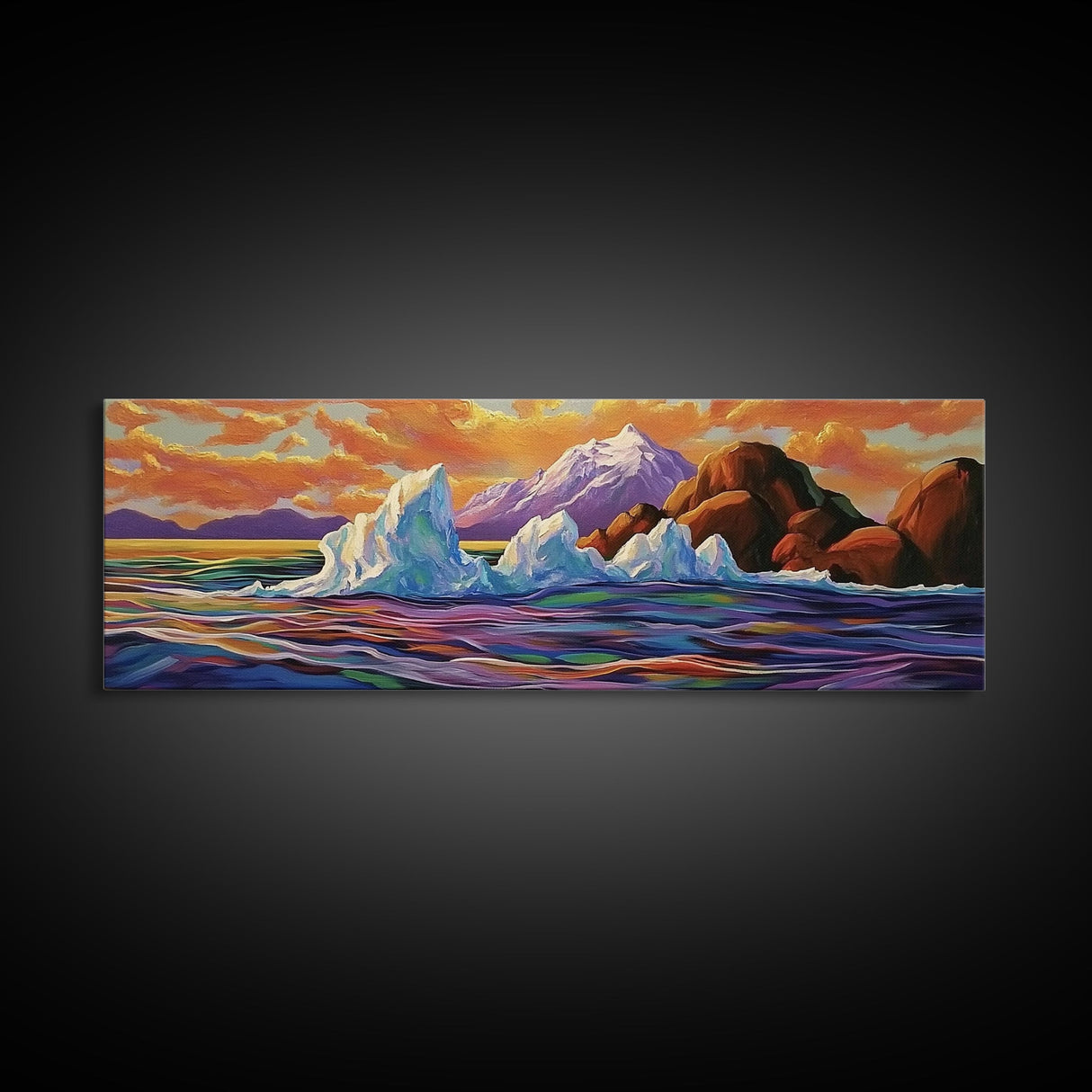 Iceberg Ocean Scene, Arctic Sunset Painting, Majestic Ice Waterscape, Framed Canvas Print, Coastal Wall Art, Winter Home Decor