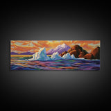 Iceberg Ocean Scene, Arctic Sunset Painting, Majestic Ice Waterscape, Framed Canvas Print, Coastal Wall Art, Winter Home Decor
