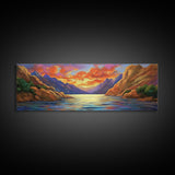 Sunset Lake, Mountain Reflection, Nature Glow, Framed Canvas Print, Scenic Wall Art, Autumn Decor, Cabin Artwork, Rustic Landscape Art