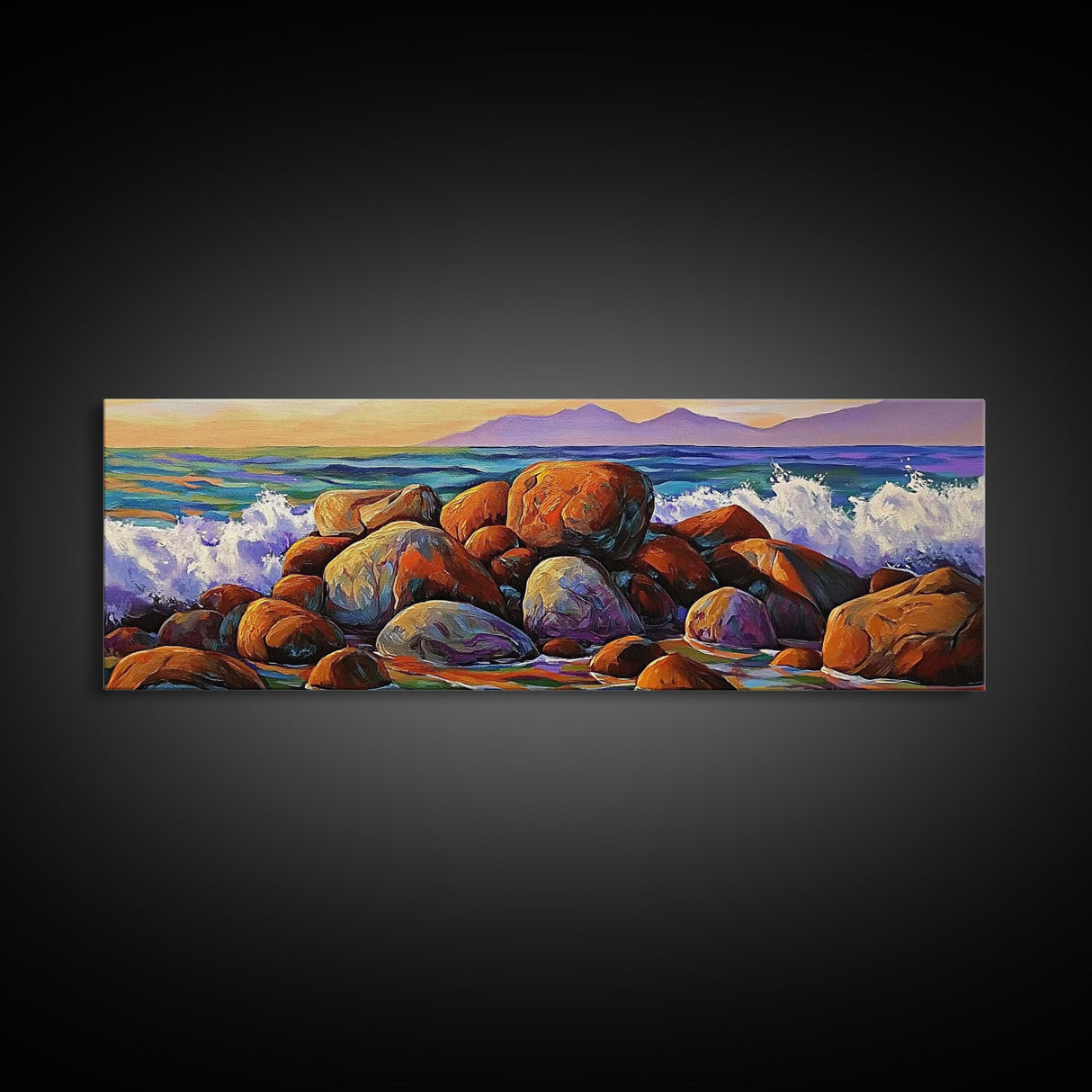 Coastal Boulders, Wave Crash, Ocean Energy, Framed Canvas Print, Beach House Wall Art, Seascape Painting, Coastal Decor, Nature Vibes