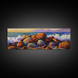 Coastal Boulders, Wave Crash, Ocean Energy, Framed Canvas Print, Beach House Wall Art, Seascape Painting, Coastal Decor, Nature Vibes