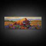 Resting Bison, Sunset Plains, Prairie Wildflowers, Framed Canvas Print, Autumn Decor, Western Wall Art, Cabin Living Room Accent