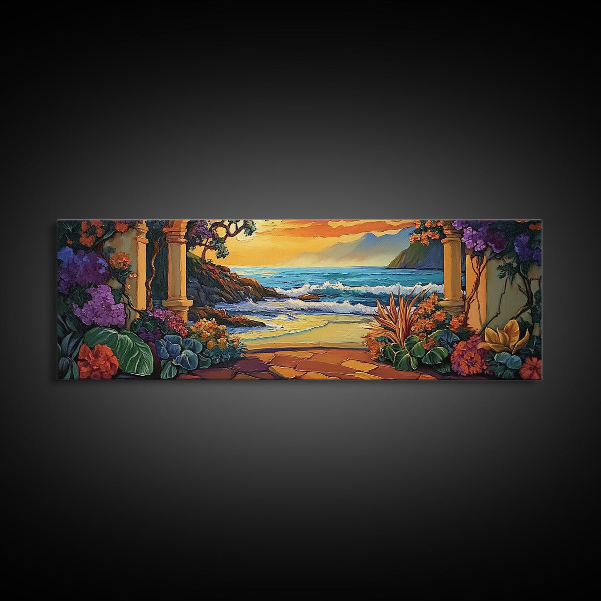 Ocean Escape, Sunset Garden, Floral Coastal Scene, Mediterranean Vibes, Framed Canvas Print, Kitchen Wall Art, Bold Color Artwork