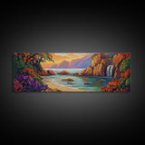 Waterfall Cove, Sunset Seascape, Tropical Paradise, Nature Retreat, Framed Canvas Print, Bathroom Wall Art, Vibrant Coastal Art