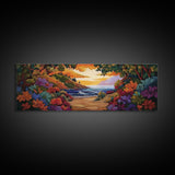 Beach View, Sunset Flowers, Coastal Path, Summer Decor, Framed Canvas Print, Bedroom Wall Art, Bright Floral Landscape Art