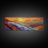 Rainbow Waves, Abstract Seascape, Sunset Magic, Bold Ocean Energy, Framed Canvas Print, Modern Wall Art, Artistic Living Room Decor