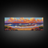 Beach Sunset, Gentle Waves, Cotton Clouds, Summer Calm, Framed Canvas Print, Coastal Wall Art, Soft Pastel Ocean Landscape