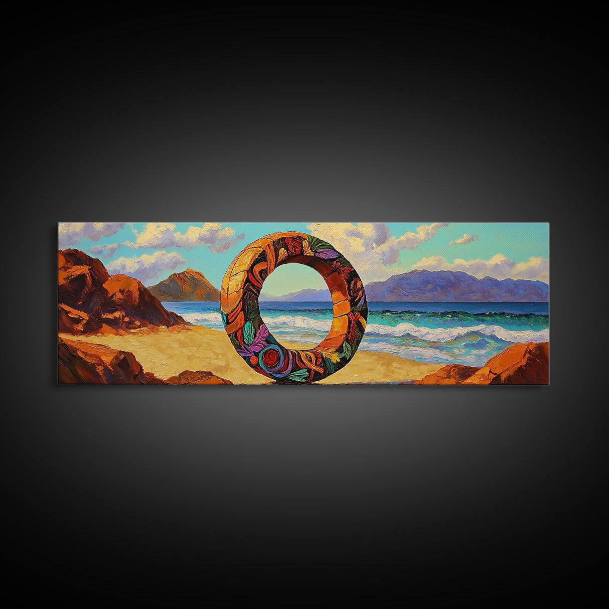 Vibrant Ocean Ring, Bold Coastal Art, Fantasy Beach Scene, Canvas Print, Modern Living Room Wall Art, Surreal Landscape Art