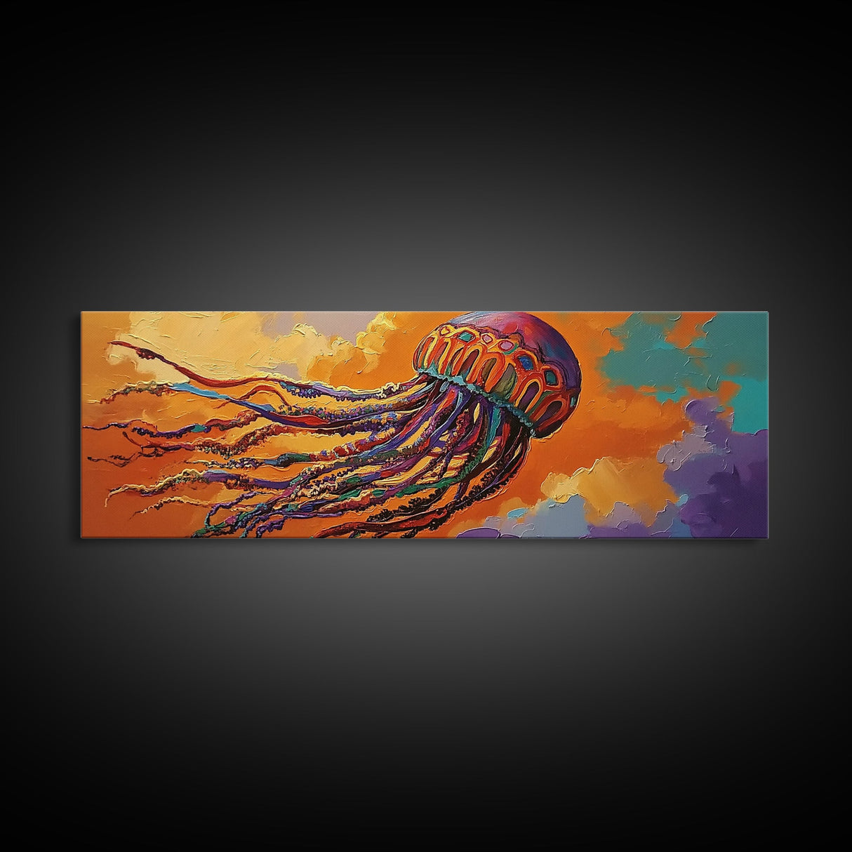 Vibrant Jellyfish, Ocean Creature, Sunset Sky, Living Room Decor, Framed Canvas Print, Coastal Wall Art, Bright Colorful Boho Art
