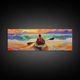 Ocean Kayaker, Waves Sunset, Adventure Spirit, Beach Home Accent, Framed Canvas Print, Coastal Wall Art, Colorful Outdoor Art