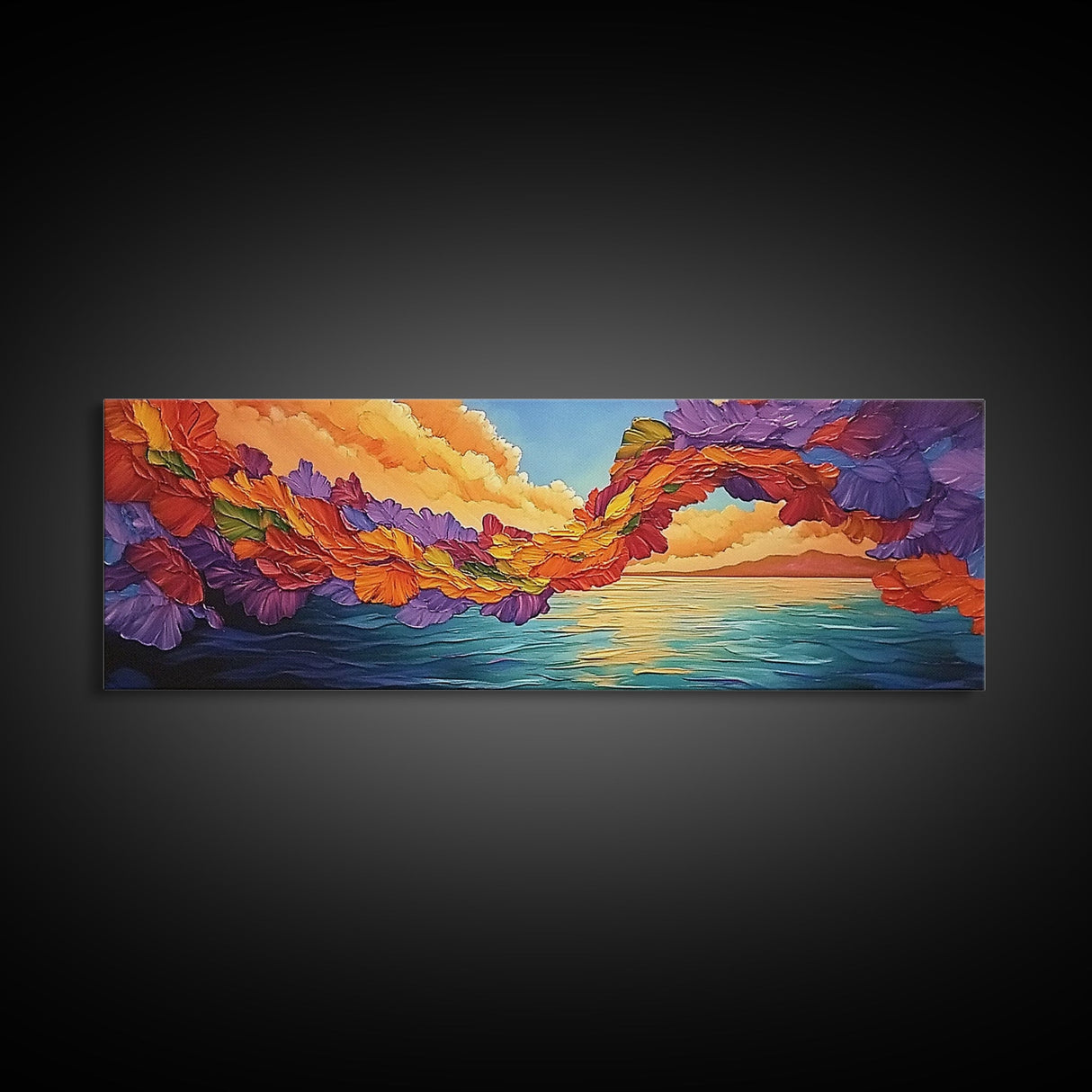 Flower Archway, Colorful Sky, Seaside Sunset, Whimsical Decor, Framed Canvas Print, Romantic Living Room Wall Art