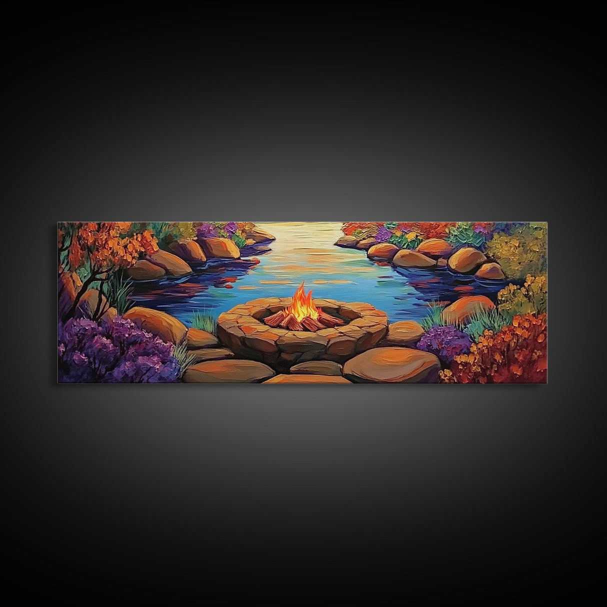 Campfire by River, Autumn Glow, Cozy Outdoor Scene, Framed Canvas Print, fall landscape, rustic decor, lodge wall art, den artwork