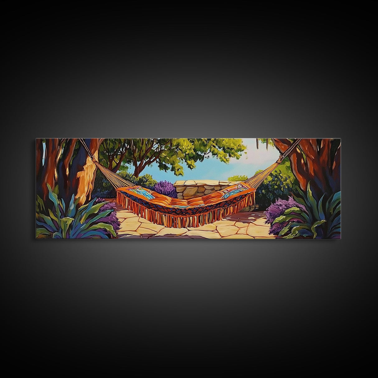 Hammock Retreat View, Relaxing Outdoor Space, Nature Art, Framed Canvas Print, summer art, patio decor, boho style, bedroom wall