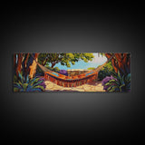 Hammock Retreat View, Relaxing Outdoor Space, Nature Art, Framed Canvas Print, summer art, patio decor, boho style, bedroom wall