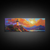 Lighthouse Sunset, Coastal Path, Mountain Horizon, Framed Canvas Print, nautical wall art, romantic sunset, boho living room decor