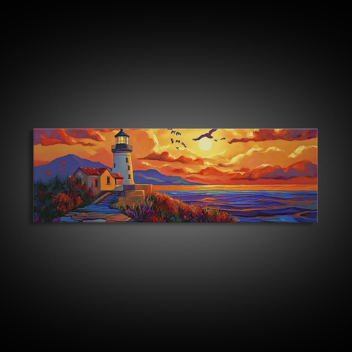 Seaside Lighthouse View, Sunset Birds, Coastal Dream, Framed Canvas Print, ocean wall art, rustic beach decor, entryway statement piece