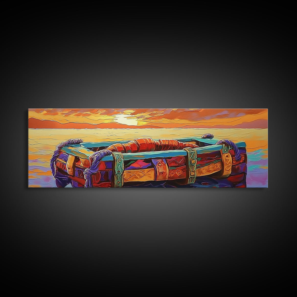 Sunset Raft, Ocean Stillness, Island Mood, Coastal Glow, Canvas Print, bathroom wall art, tropical nautical art, warm beach colors