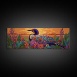 Sunset Bird, Floral Loon, Vibrant Nature, Colorful Wildlife, Canvas Print, cabin wall art, rustic boho art, birdwatcher gift