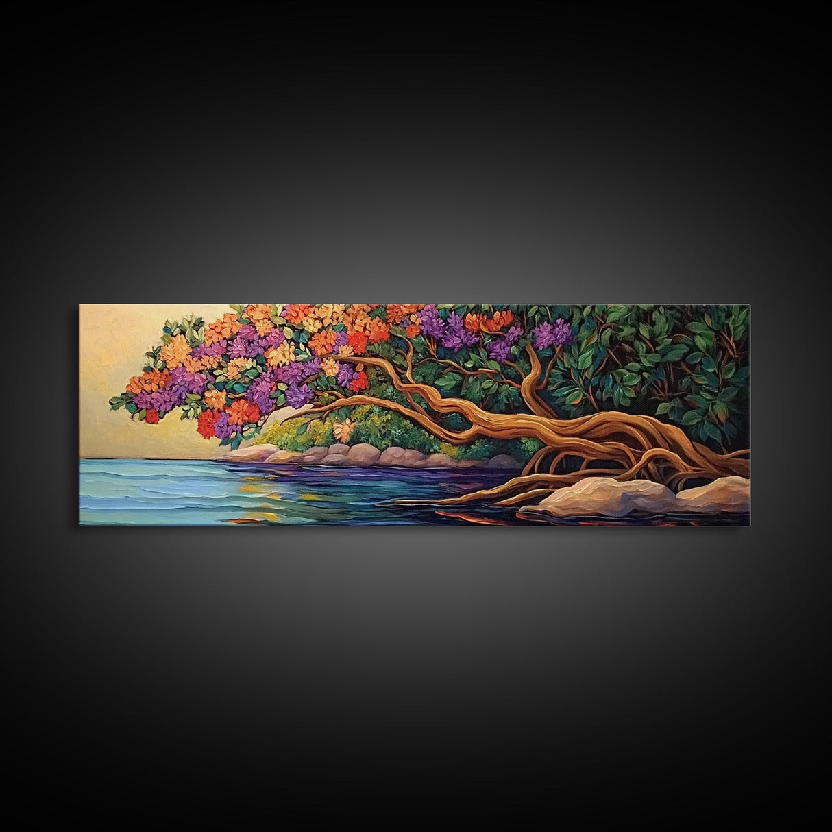 Blooming Tree, Ocean Shore, Tranquil Scene, Curved Branches, Framed Canvas Print, bedroom art, whimsical landscape, botanical wall piece