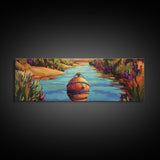 Buoy Painting, River Calm, Coastal Reflection, Peaceful Dock, Canvas Print, lake cabin art, nautical wall decor, colorful waterway scene