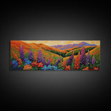 Wildflower Valley View, Bright Floral Mountain Art, Nature Inspired Painting, Framed Canvas Print, Kitchen or Bedroom Wall Decor