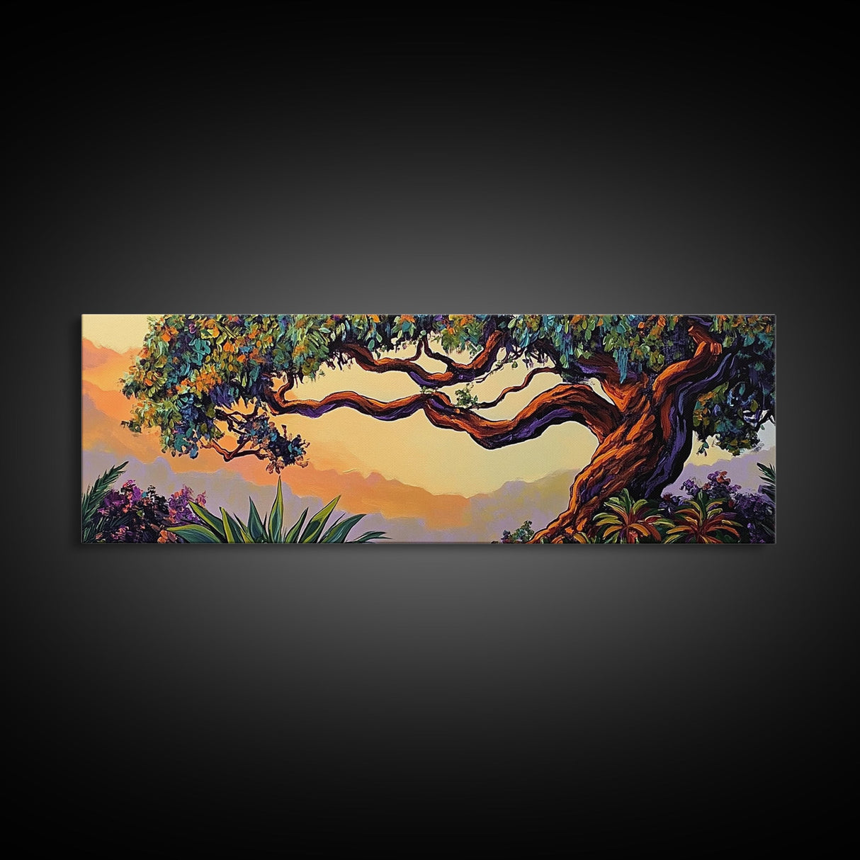 Majestic Tree Sunset, Enchanted Forest Landscape, Whimsical Nature Wall Art, Framed Canvas Print, Zen Bedroom or Entryway Decor