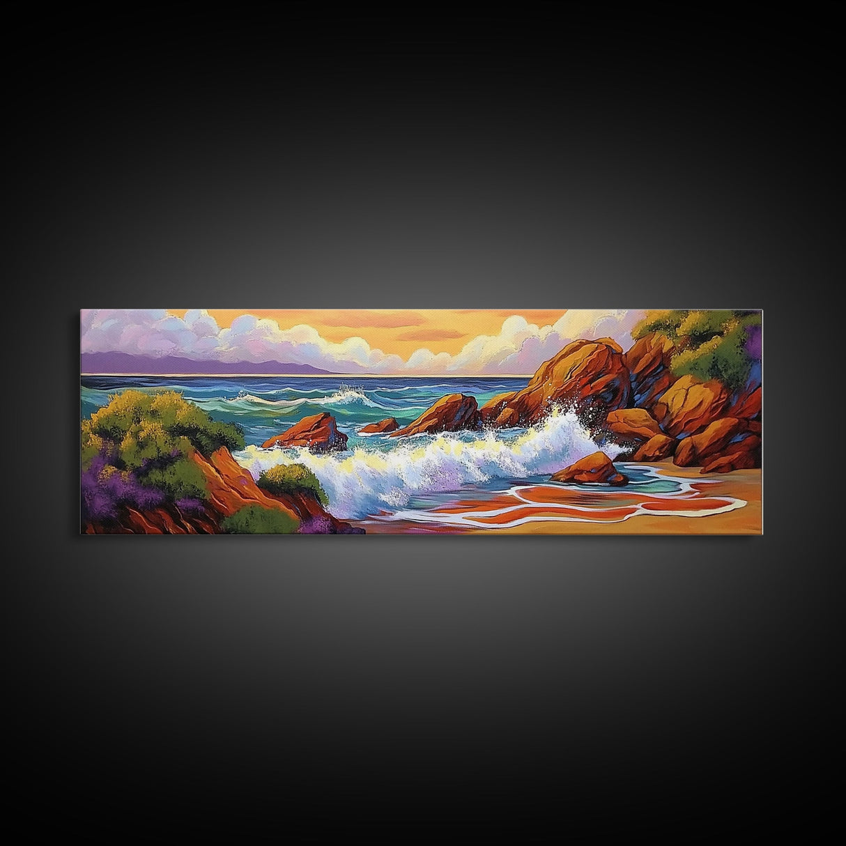 Ocean Wave Crash, Coastal Rock Shore, Vibrant Seascape Painting, Framed Canvas Print, Beach Bathroom or Nautical Living Room Art