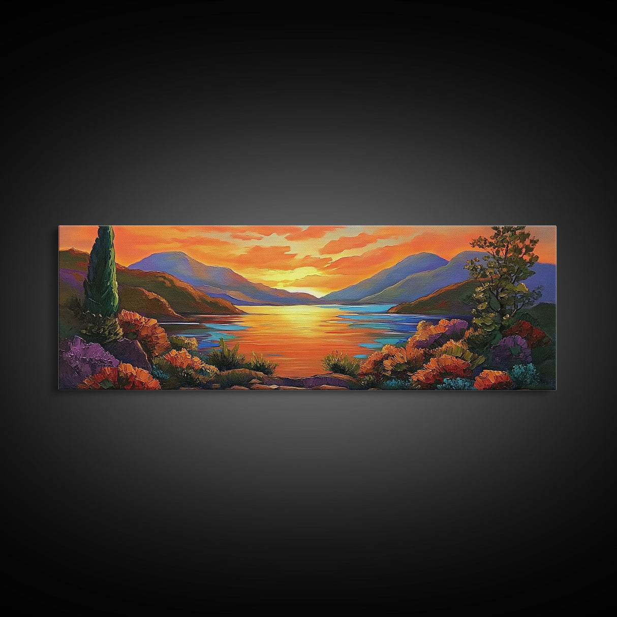 Mountain Sunset Lake, Bold Nature Landscape, Vibrant Water Reflection, Framed Canvas Print, Rustic Living Room or Cabin Wall Art
