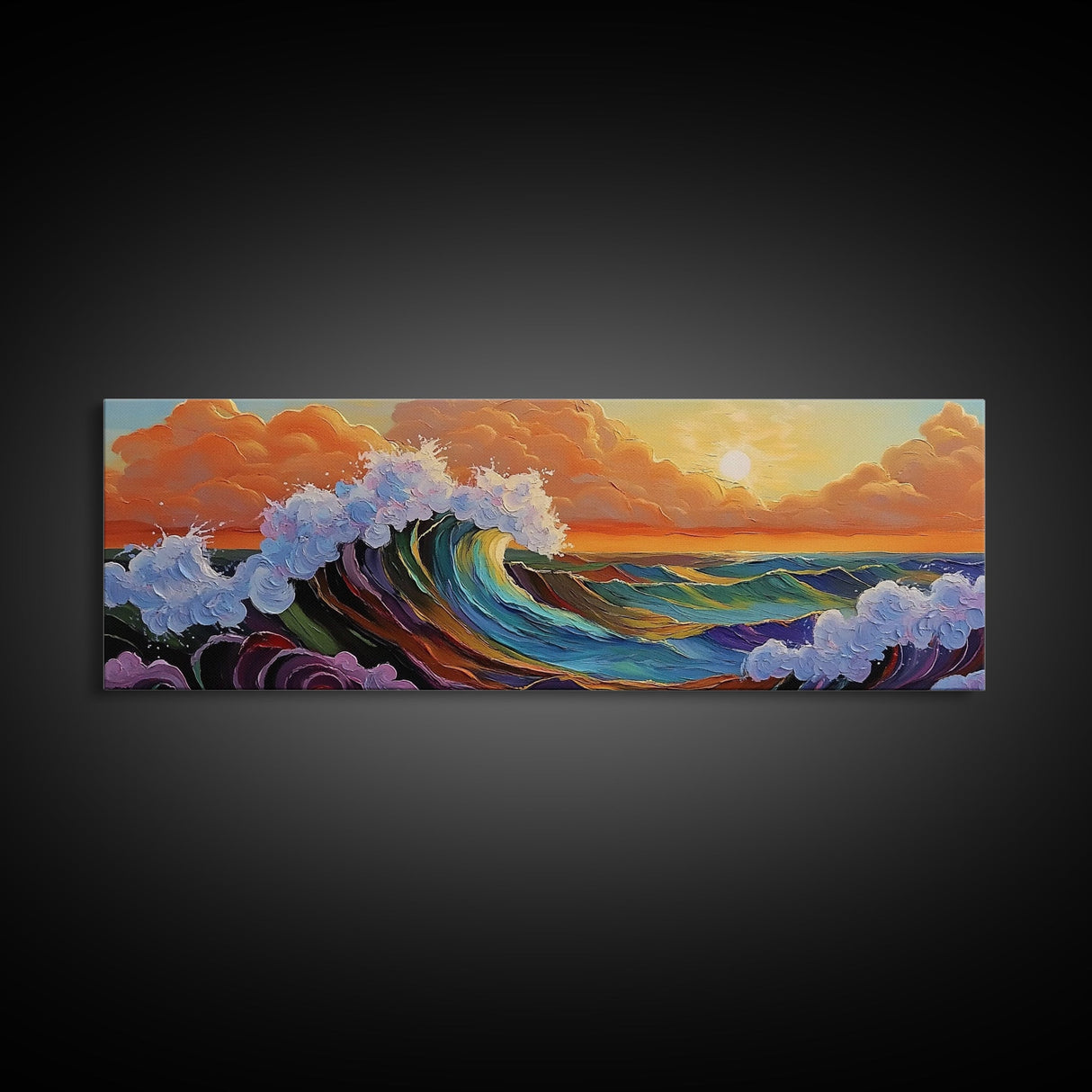 Sunset Ocean Wave, Colorful Seascape, Coastal Wall Decor, Living Room Art, Vibrant Beach Scene, Framed Canvas Print, Bold Brush Strokes