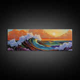 Sunset Ocean Wave, Colorful Seascape, Coastal Wall Decor, Living Room Art, Vibrant Beach Scene, Framed Canvas Print, Bold Brush Strokes